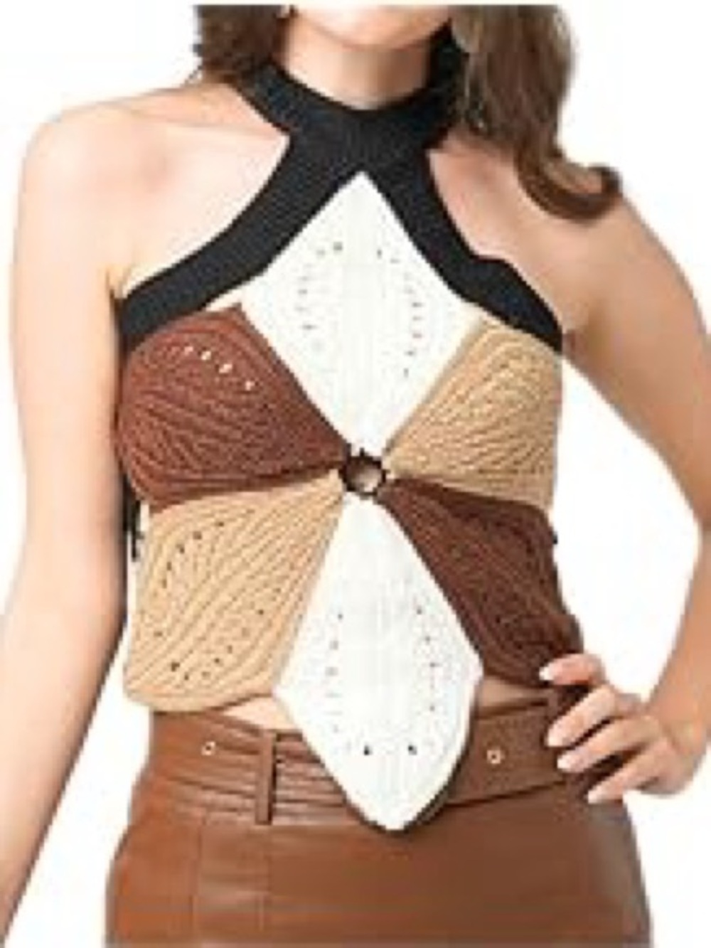 NEW NOVELLE Colorblock Crocheted Halter Camisole in Black, Brown, Tan & White